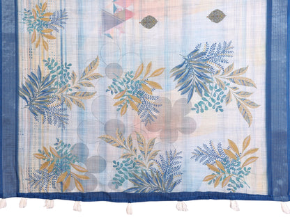 Cream &amp; Blue Floral Linen Cotton Saree with Contrast Border for Women