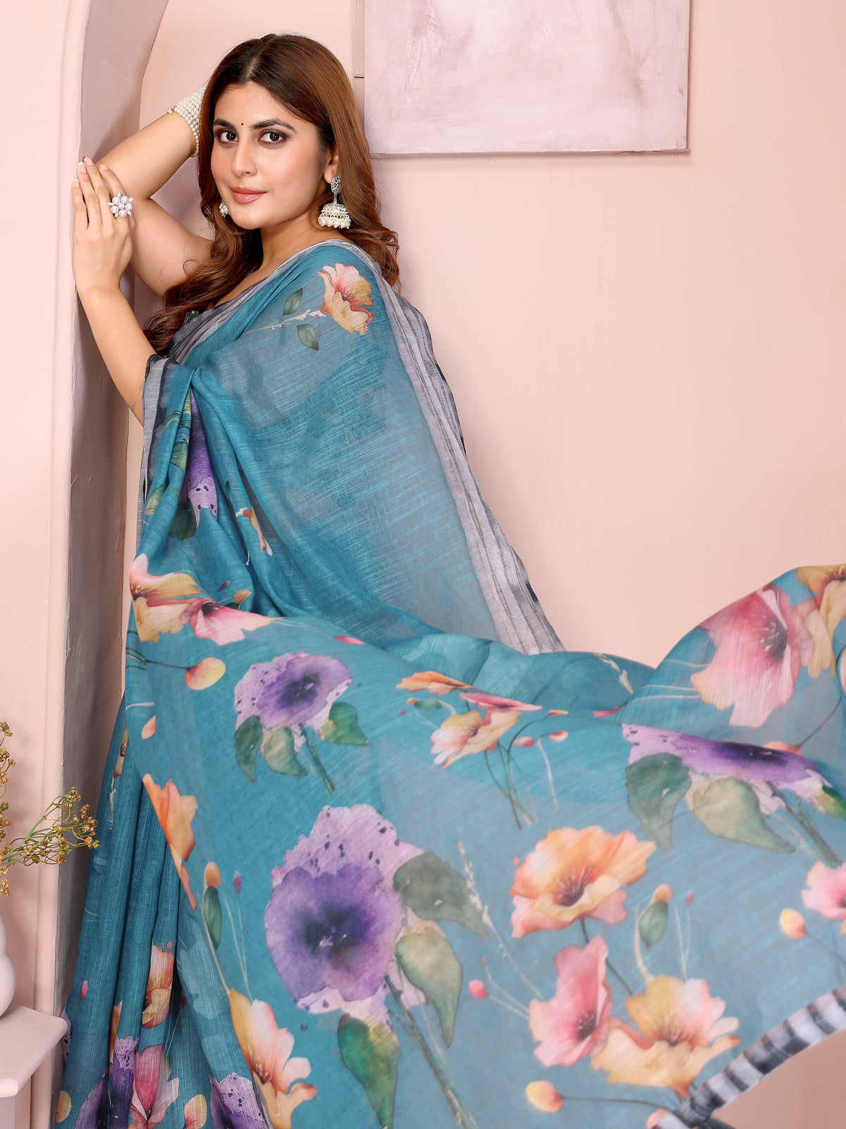 Teal Floral Linen Cotton Saree with Elegant Contrast Border 2