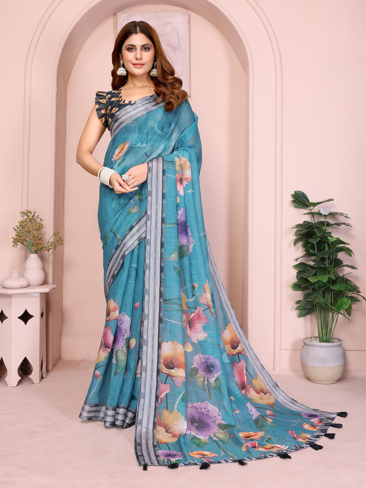 Teal Floral Linen Cotton Saree with Elegant Contrast Border 2
