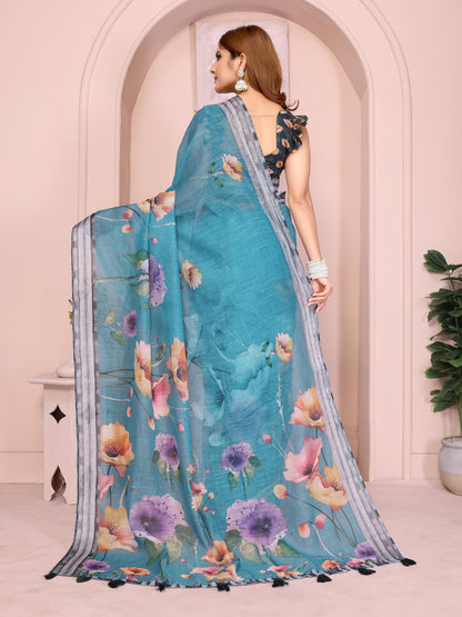 Teal Floral Linen Cotton Saree with Elegant Contrast Border 2