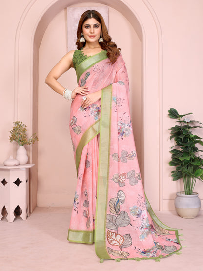 Pink Floral Linen Cotton Saree with Green Border for Ladies for Women