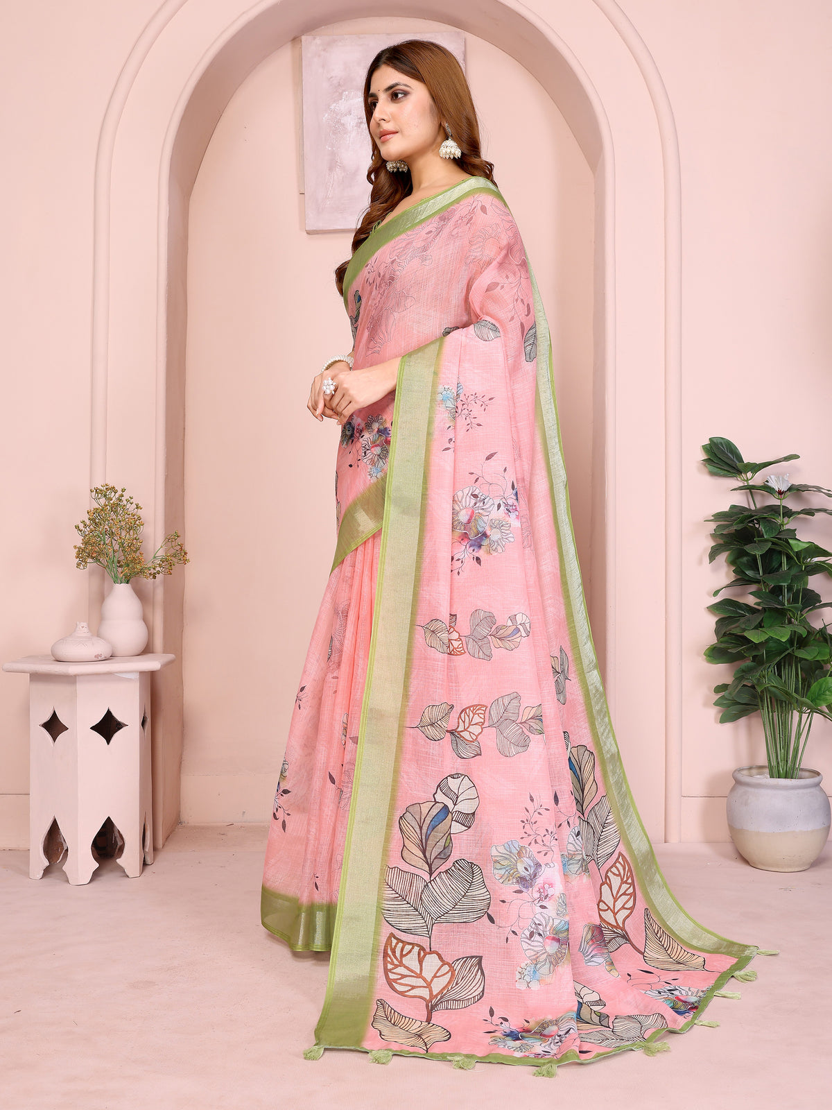 Pink Floral Linen Cotton Saree with Green Border for Ladies for Women