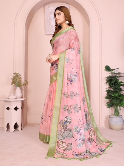 Pink Floral Linen Cotton Saree with Green Border for Ladies for Women
