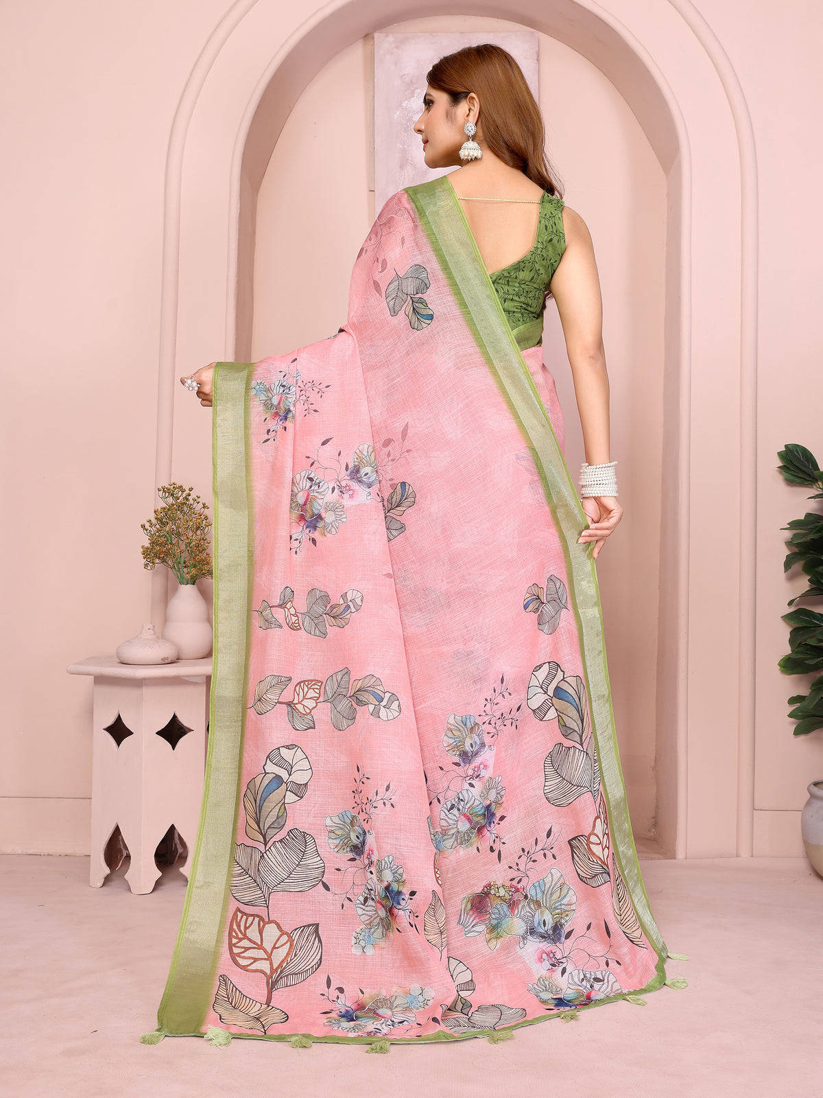 Pink Floral Linen Cotton Saree with Green Border for Ladies for Women
