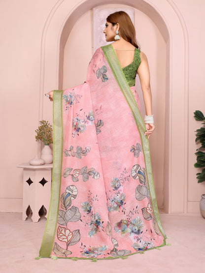 Pink Floral Linen Cotton Saree with Green Border for Ladies for Women