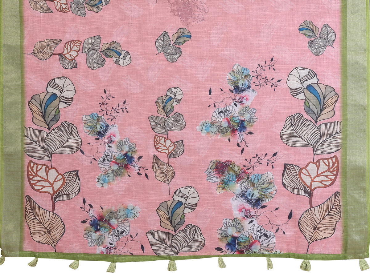 Pink Floral Linen Cotton Saree with Green Border for Ladies for Women