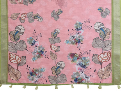Pink Floral Linen Cotton Saree with Green Border for Ladies for Women