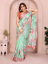 Mint Green Floral Linen Cotton Saree with Pink Border Style for Women