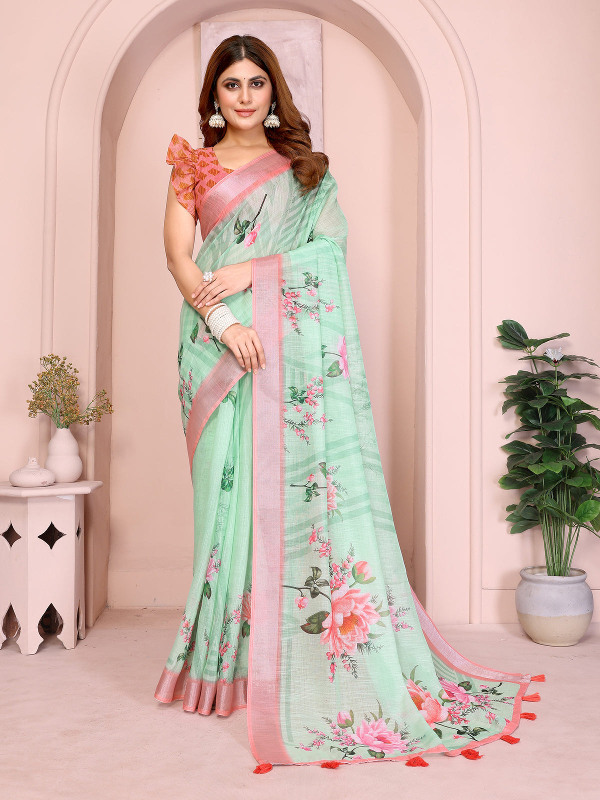 Mint Green Floral Linen Cotton Saree with Pink Border Style for Women