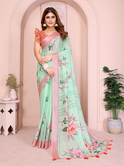 Mint Green Floral Linen Cotton Saree with Pink Border Style for Women