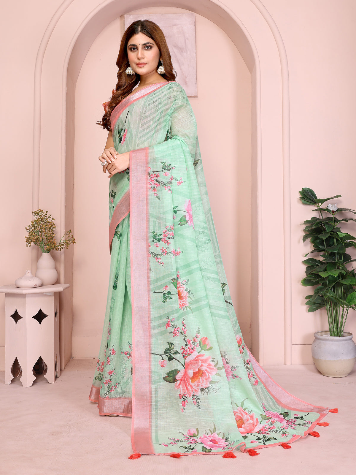 Mint Green Floral Linen Cotton Saree with Pink Border Style for Women