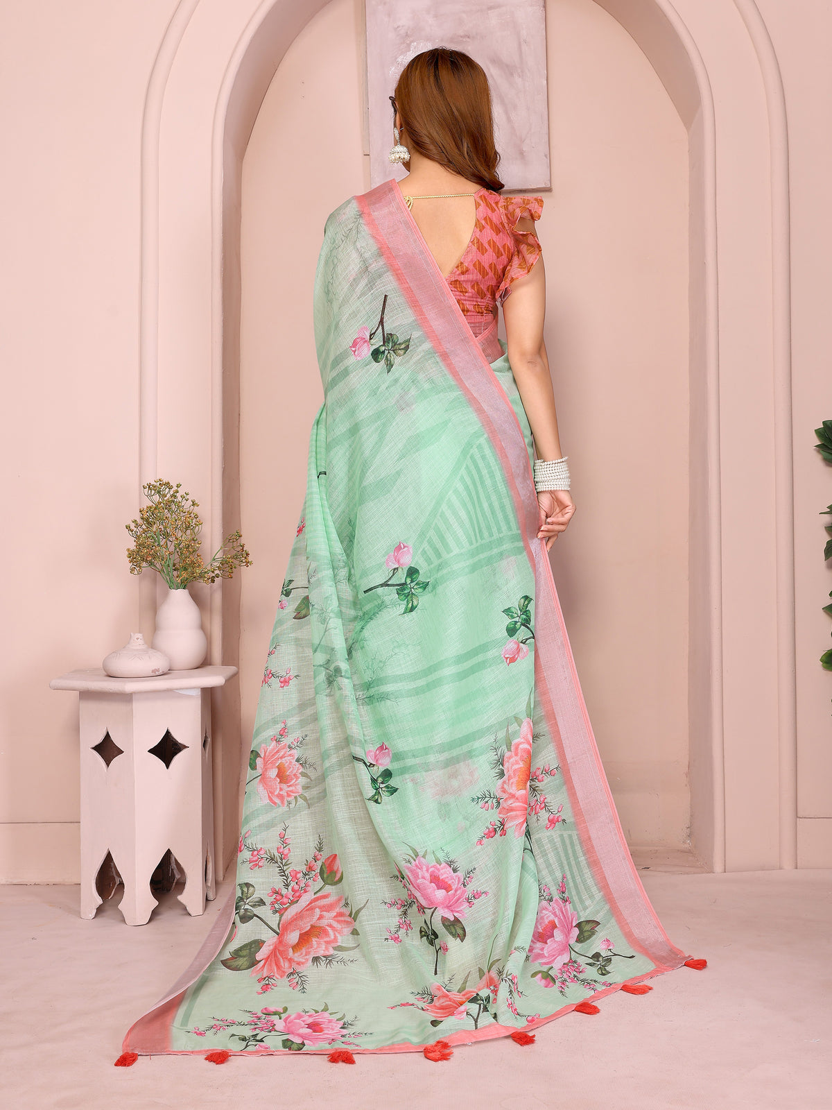 Mint Green Floral Linen Cotton Saree with Pink Border Style for Women