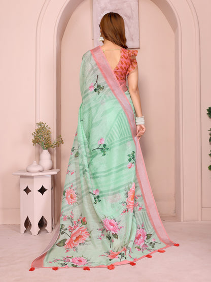 Mint Green Floral Linen Cotton Saree with Pink Border Style for Women