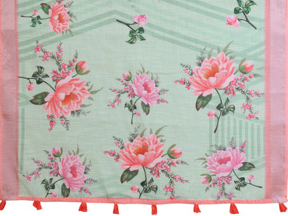 Mint Green Floral Linen Cotton Saree with Pink Border Style for Women