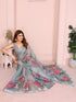 Grey Blue Floral Linen Cotton Saree with Floral Blue Border 2