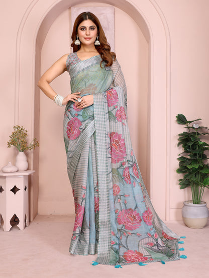 Grey Blue Floral Linen Cotton Saree with Floral Blue Border 2