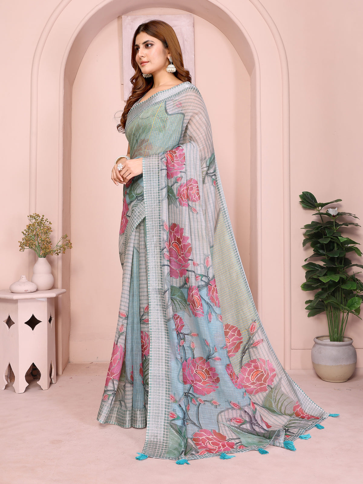 Grey Blue Floral Linen Cotton Saree with Floral Blue Border 2