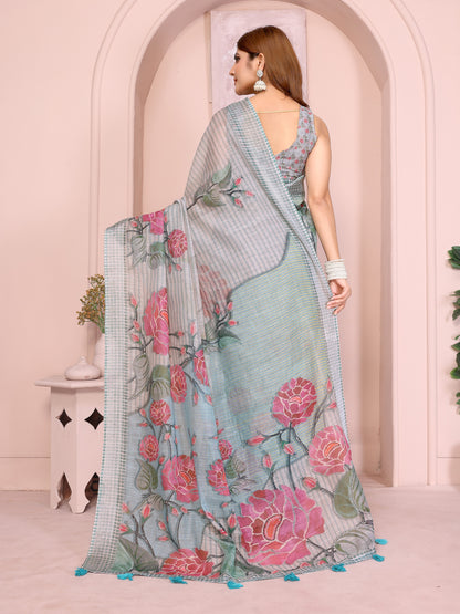 Grey Blue Floral Linen Cotton Saree with Floral Blue Border 2