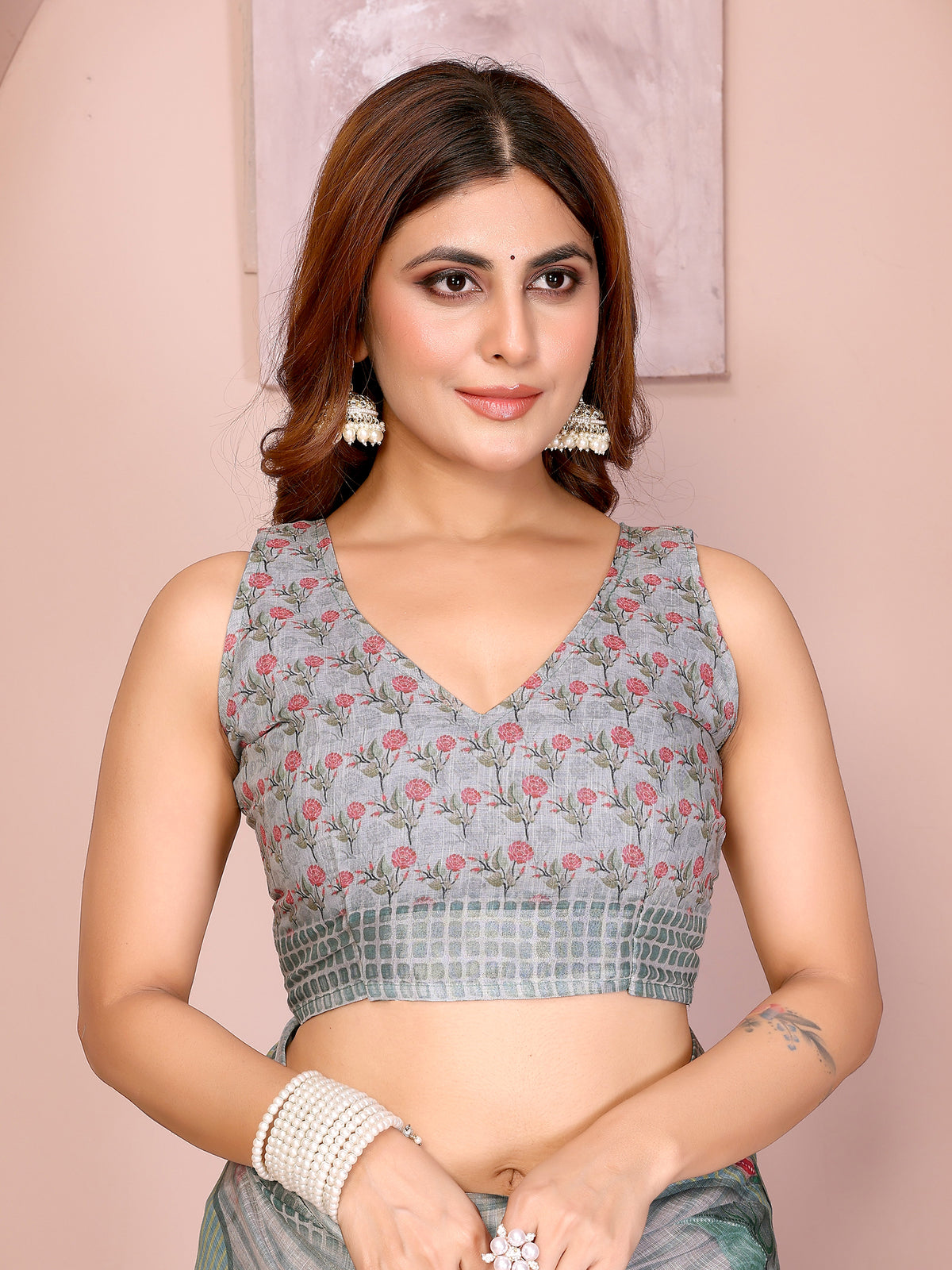 Grey Blue Floral Linen Cotton Saree with Floral Blue Border 2