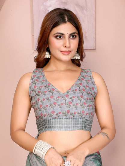 Grey Blue Floral Linen Cotton Saree with Floral Blue Border 2