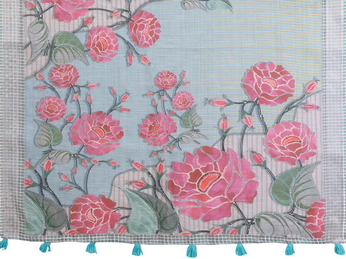 Grey Blue Floral Linen Cotton Saree with Floral Blue Border 2