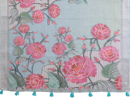 Grey Blue Floral Linen Cotton Saree with Floral Blue Border 2