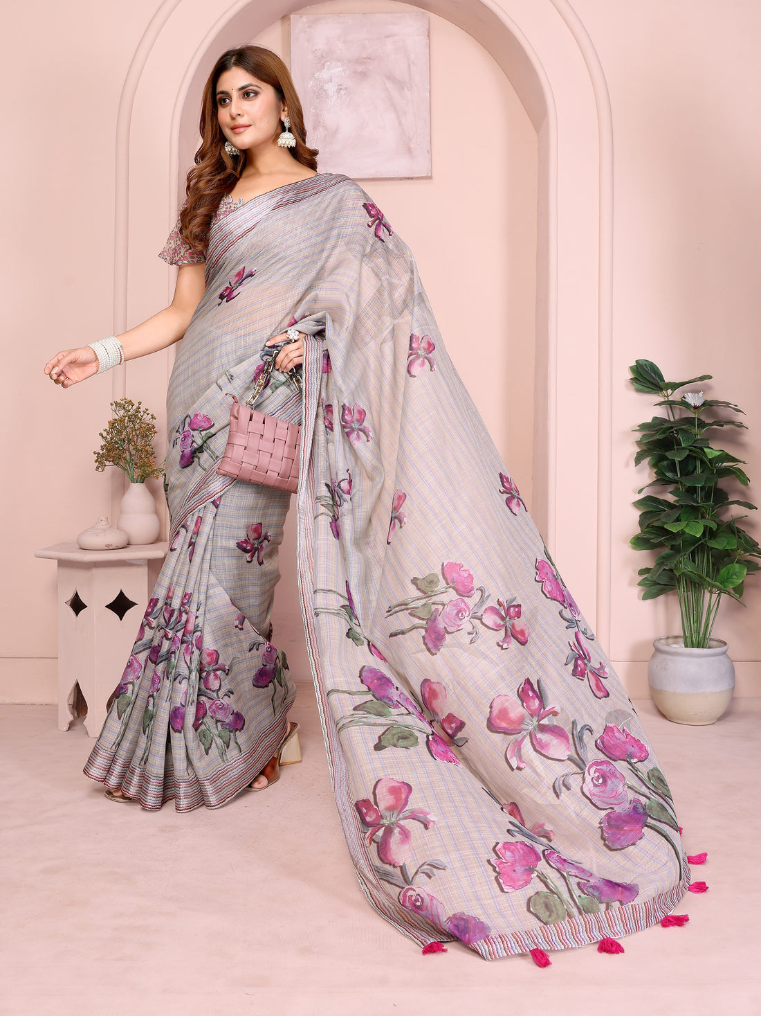 Grey Blue Floral Linen Cotton Saree with Floral Blue Border for Women