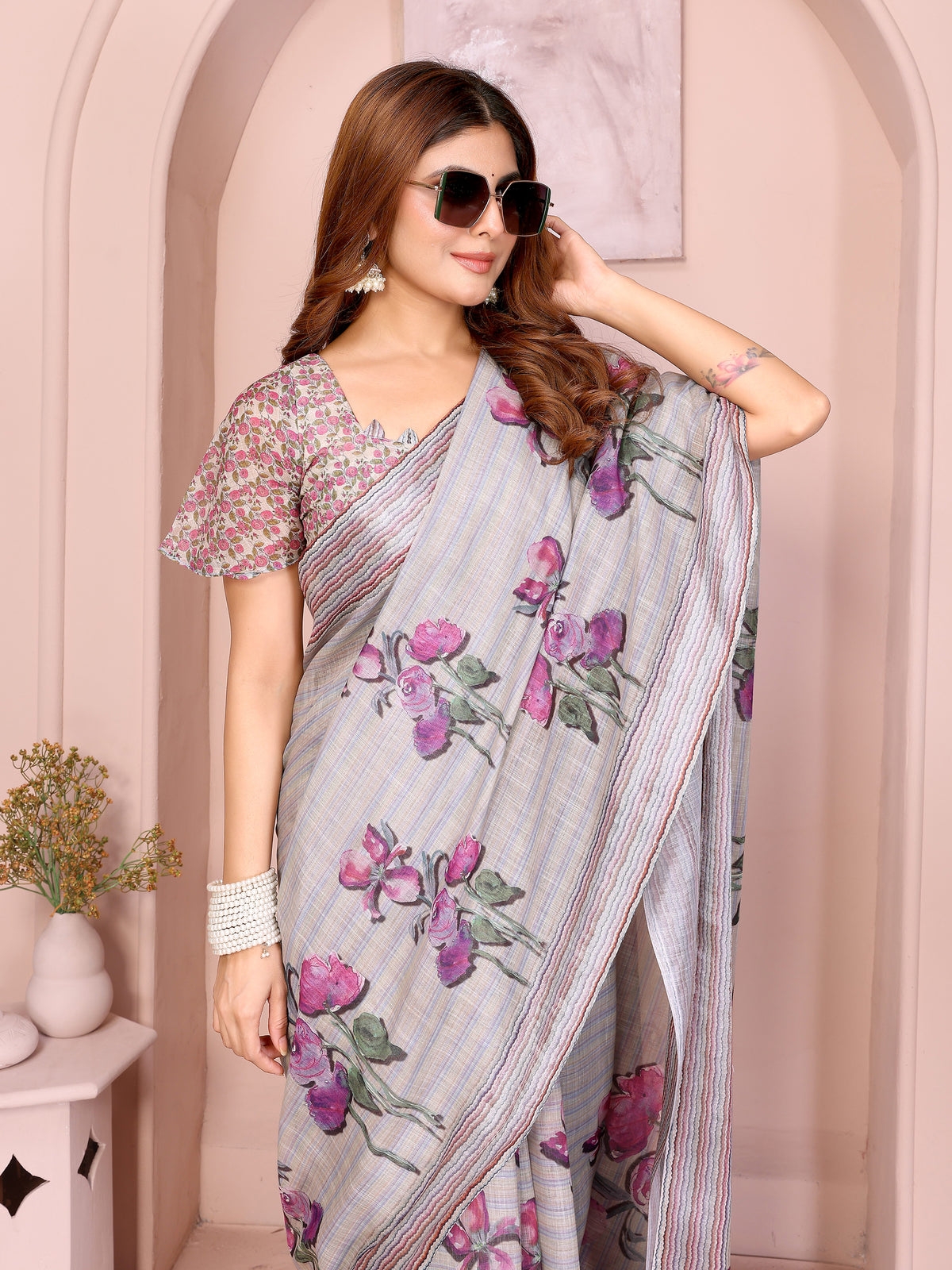 Grey Blue Floral Linen Cotton Saree with Floral Blue Border for Women