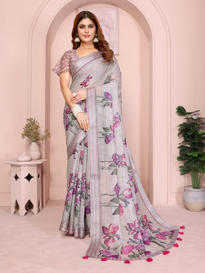 Grey Blue Floral Linen Cotton Saree with Floral Blue Border for Women
