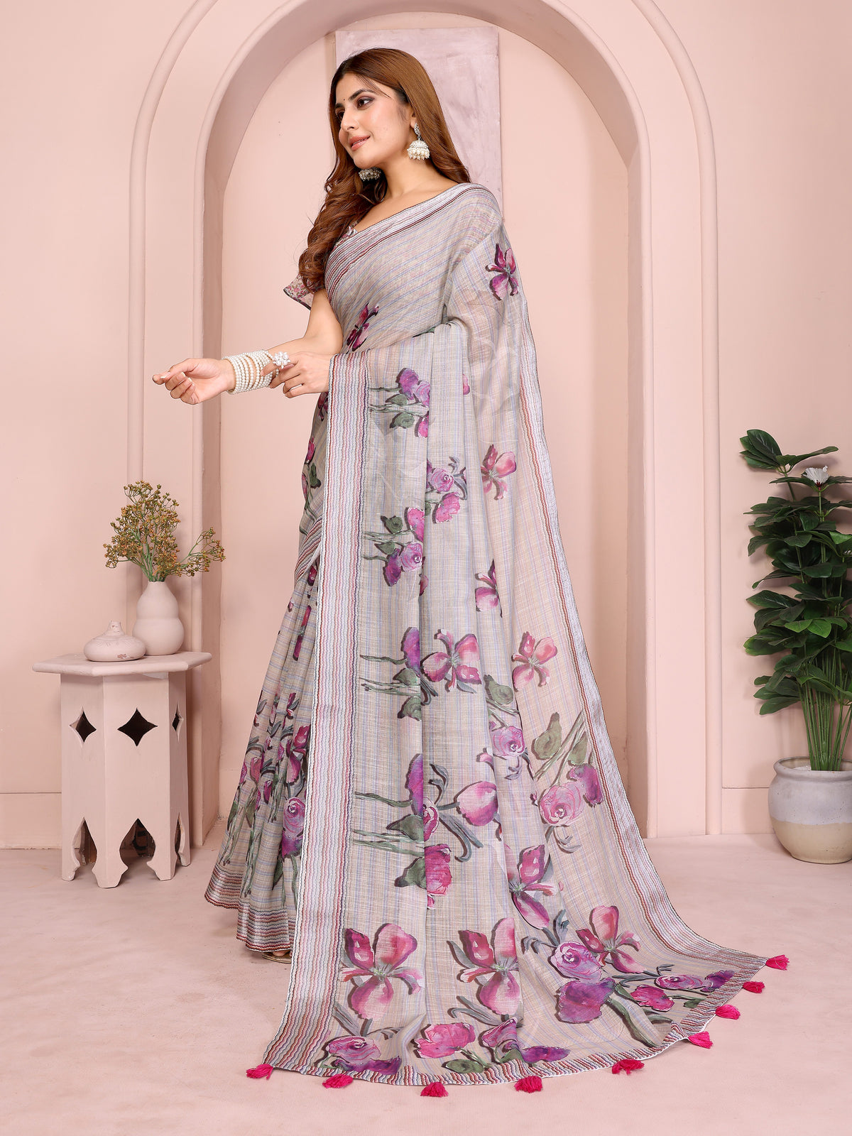 Grey Blue Floral Linen Cotton Saree with Floral Blue Border for Women