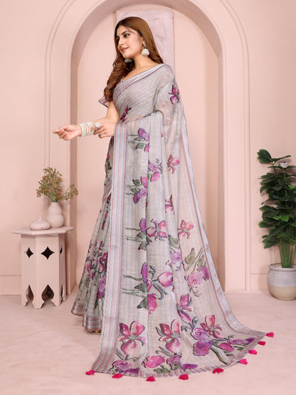Grey Blue Floral Linen Cotton Saree with Floral Blue Border for Women