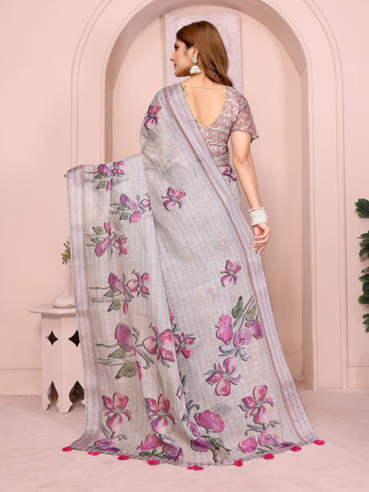 Grey Blue Floral Linen Cotton Saree with Floral Blue Border for Women