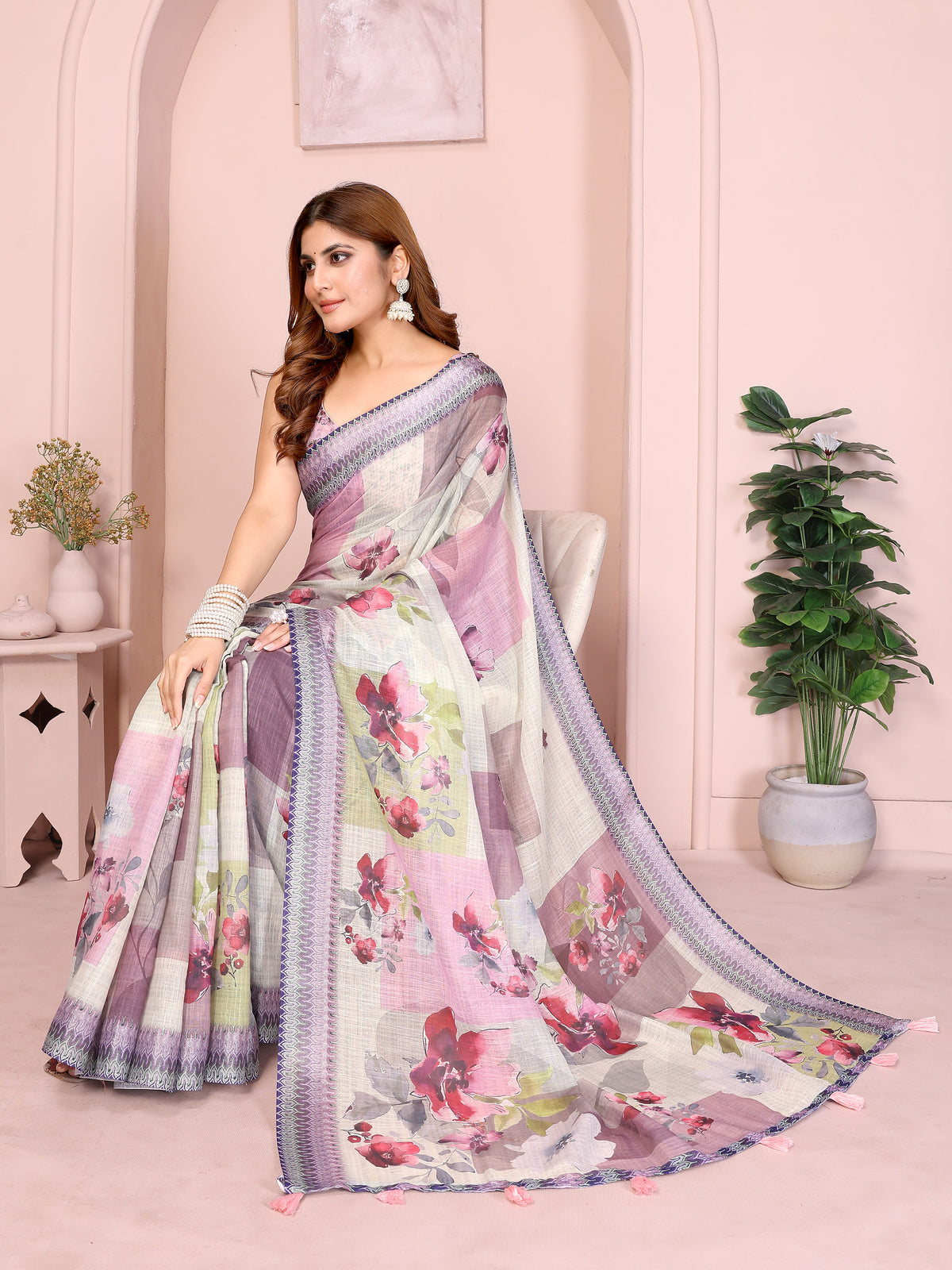 Lavender Floral Linen Cotton Saree with Elegant Blue Border for Women