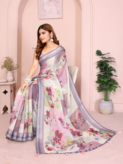 Lavender Floral Linen Cotton Saree with Elegant Blue Border for Women