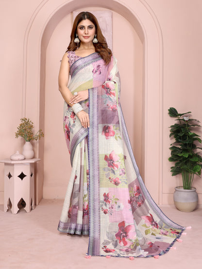 Lavender Floral Linen Cotton Saree with Elegant Blue Border for Women