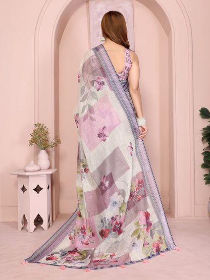 Lavender Floral Linen Cotton Saree with Elegant Blue Border for Women