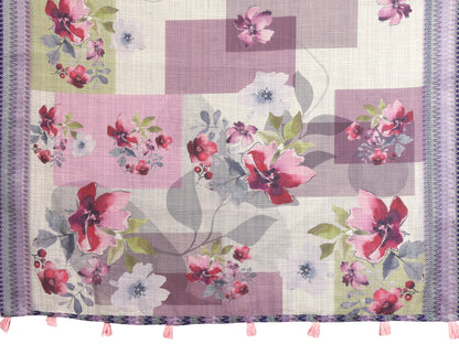 Lavender Floral Linen Cotton Saree with Elegant Blue Border for Women