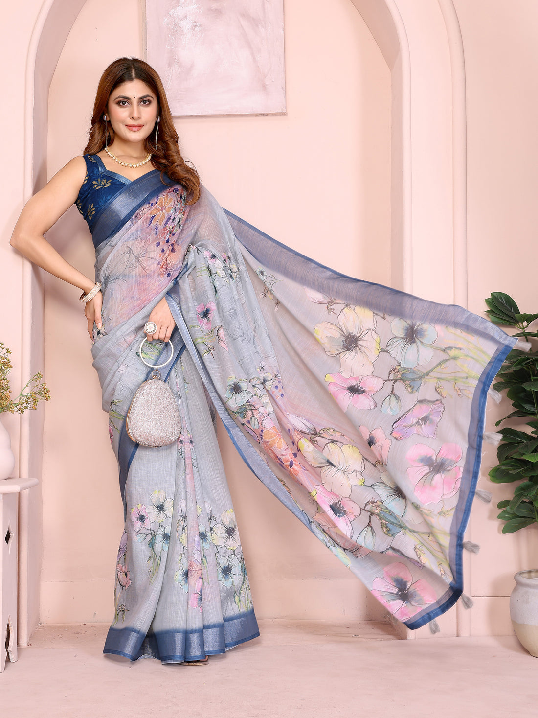 Sky Blue Floral Linen Cotton Saree with Elegant Blue Border for Women