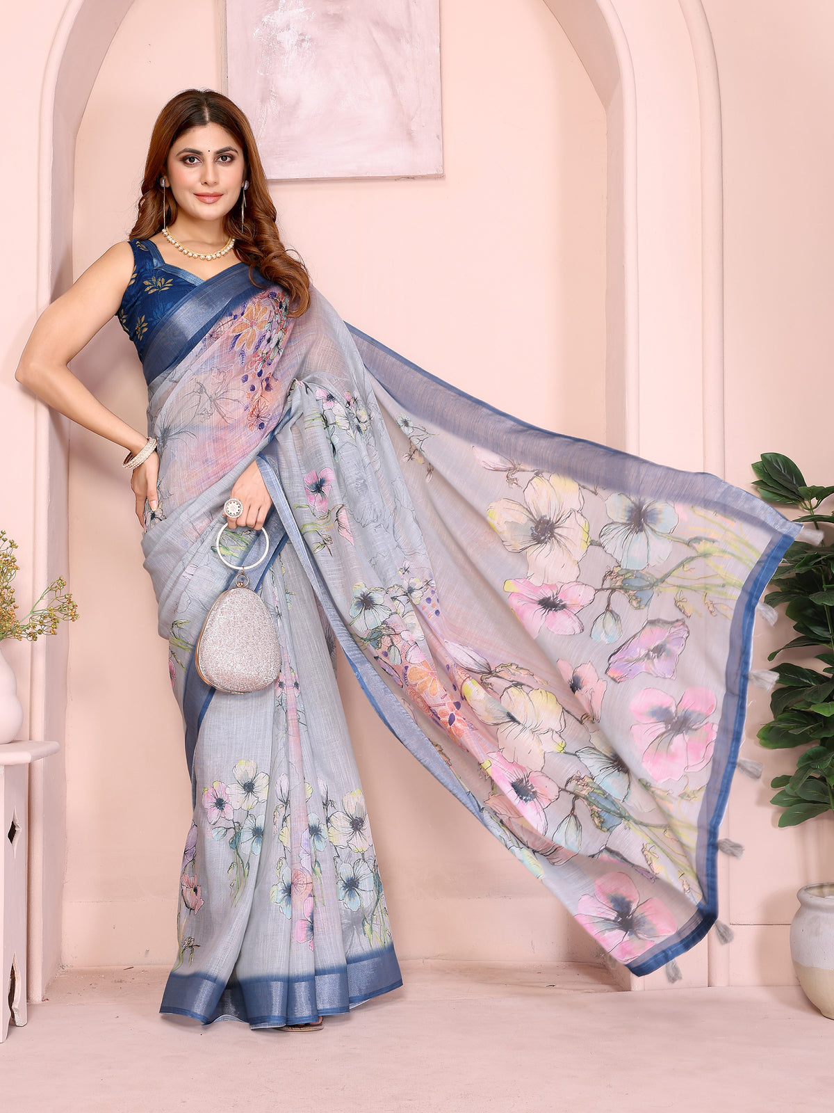 Sky Blue Floral Linen Cotton Saree with Elegant Blue Border for Women