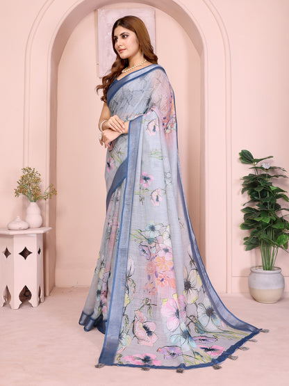Sky Blue Floral Linen Cotton Saree with Elegant Blue Border for Women