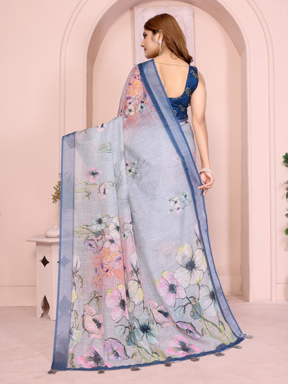 Sky Blue Floral Linen Cotton Saree with Elegant Blue Border for Women