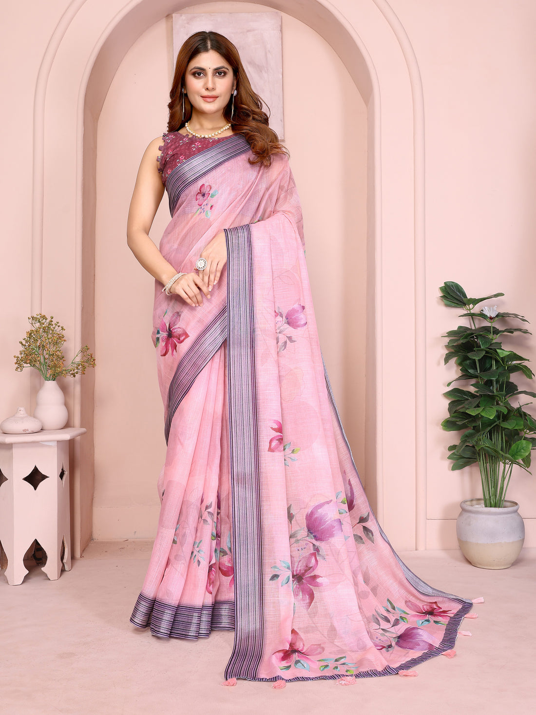 Pink Floral Linen Cotton Saree with Elegant Contrast Border for Women