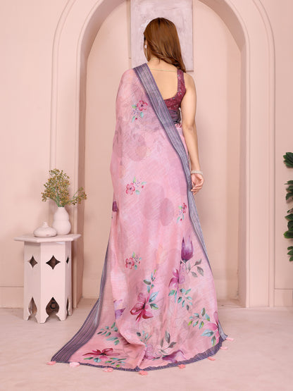 Pink Floral Linen Cotton Saree with Elegant Contrast Border for Women