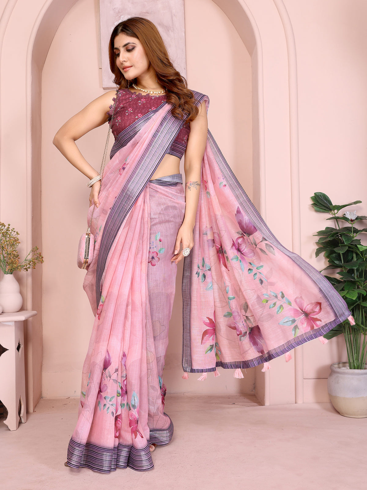 Pink Floral Linen Cotton Saree with Elegant Contrast Border for Women