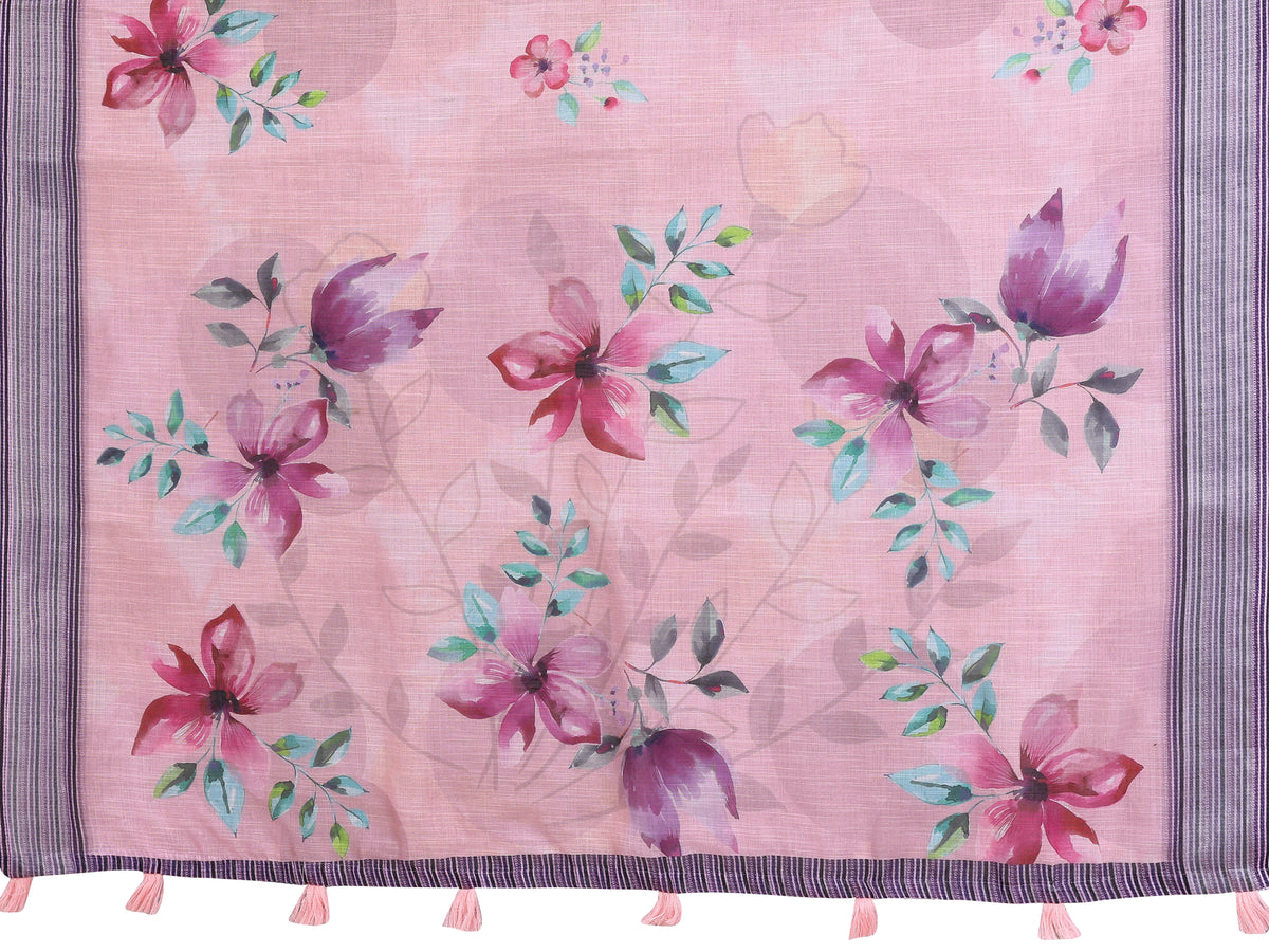 Pink Floral Linen Cotton Saree with Elegant Contrast Border for Women