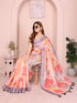 Peach Floral Linen Cotton Saree with Beautiful Blue Border for Women