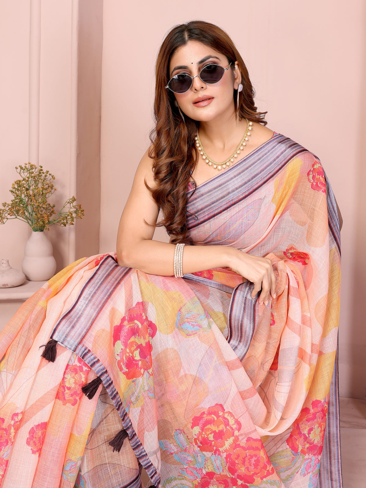 Peach Floral Linen Cotton Saree with Beautiful Blue Border for Women