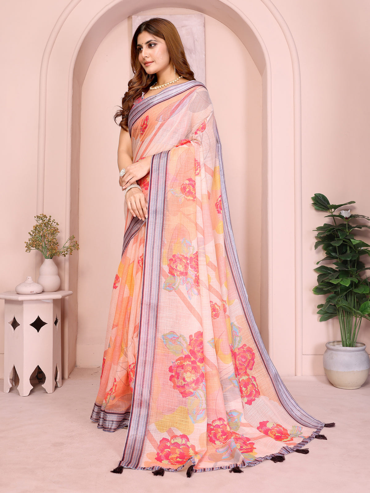 Peach Floral Linen Cotton Saree with Beautiful Blue Border for Women