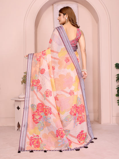 Peach Floral Linen Cotton Saree with Beautiful Blue Border for Women
