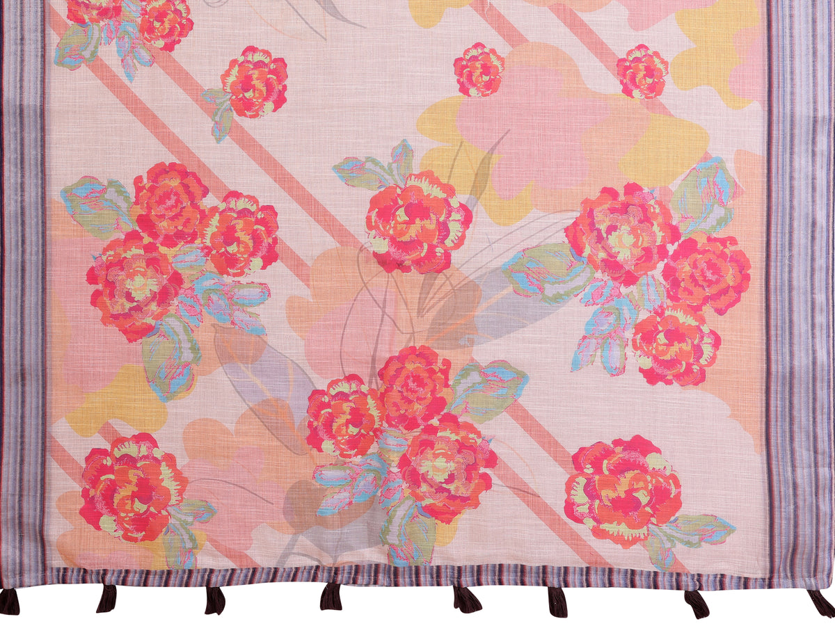 Peach Floral Linen Cotton Saree with Beautiful Blue Border for Women